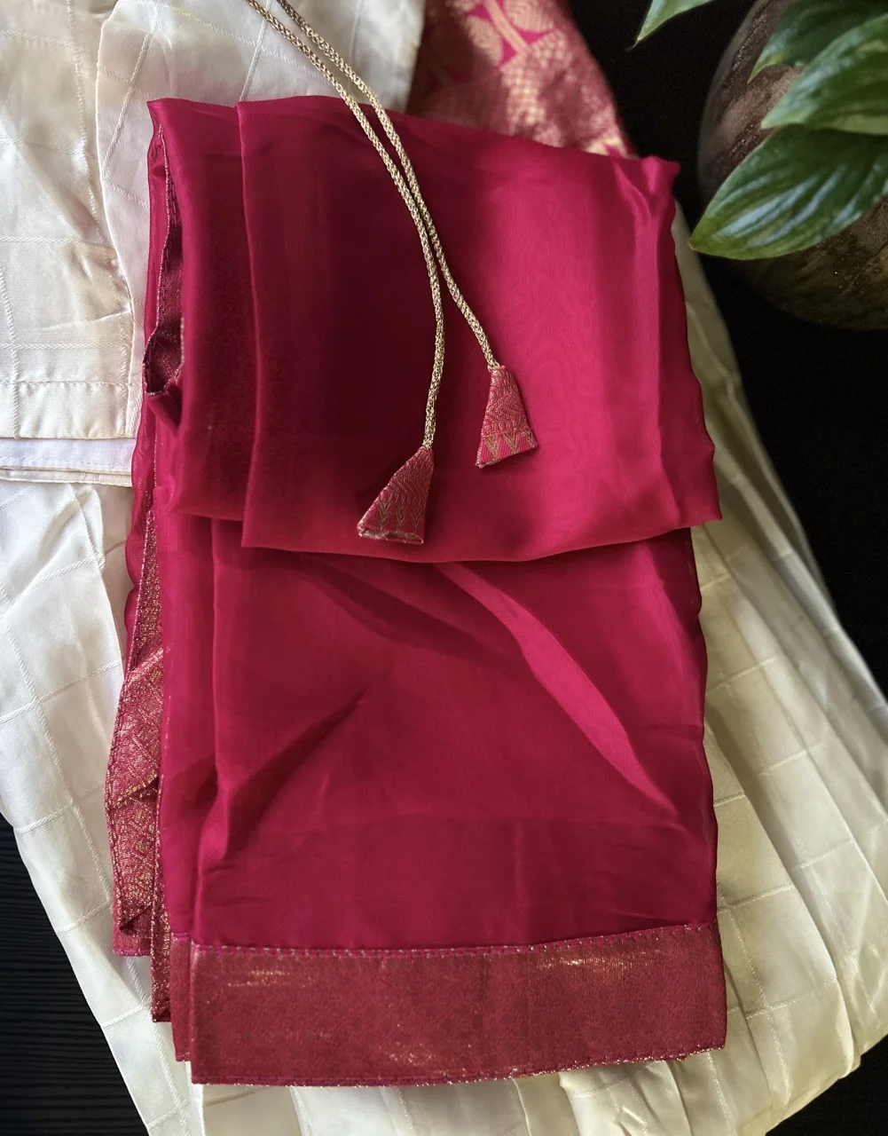 White Skirt with Brocade Border, Magenta Blouse, and Fuchsia Pink Brocade Shawl (Dhavani Set) - Image 3