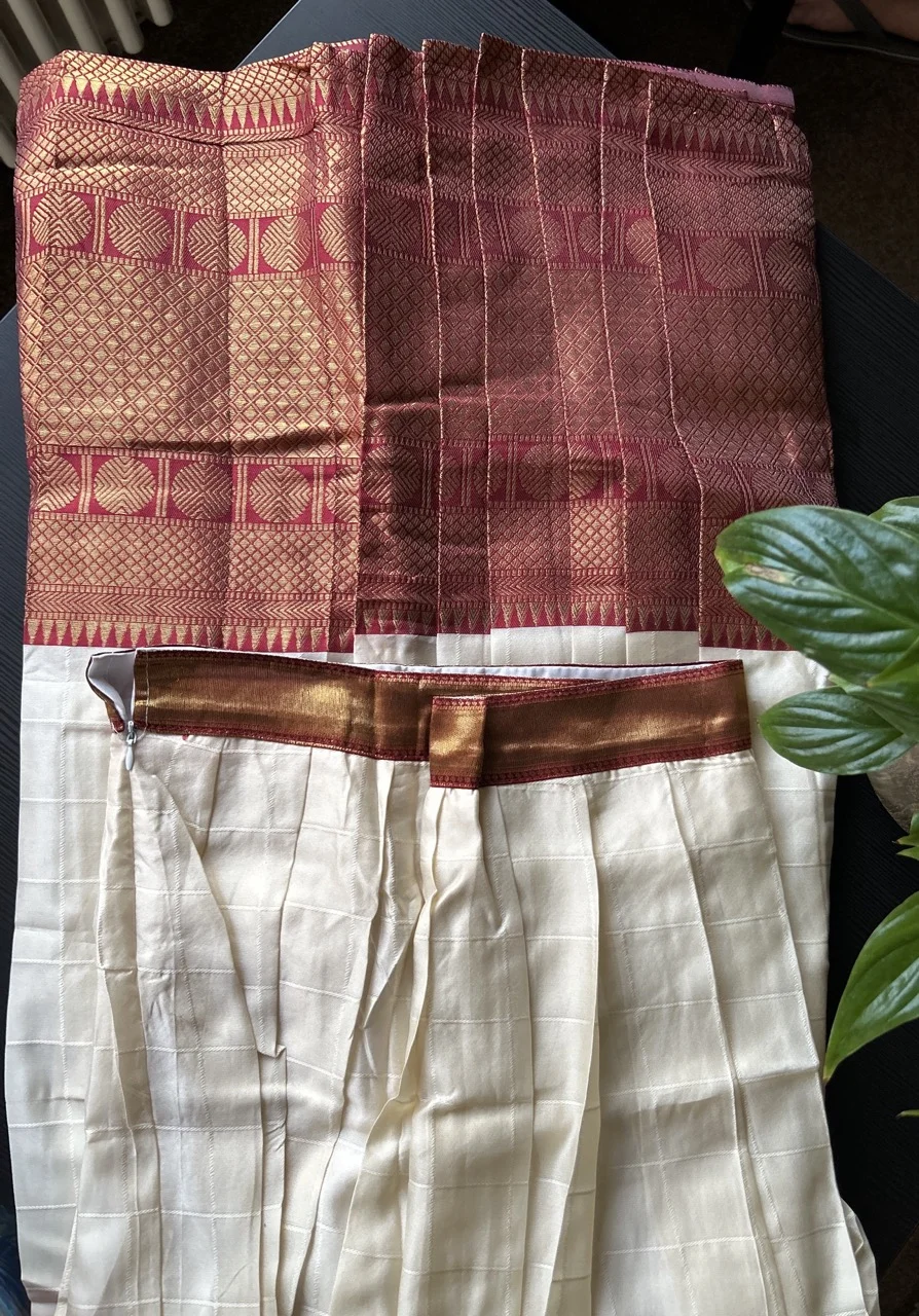  White Skirt with Brocade Border, Magenta Blouse, and Fuchsia Pink Brocade Shawl (Dhavani Set) - Image 3