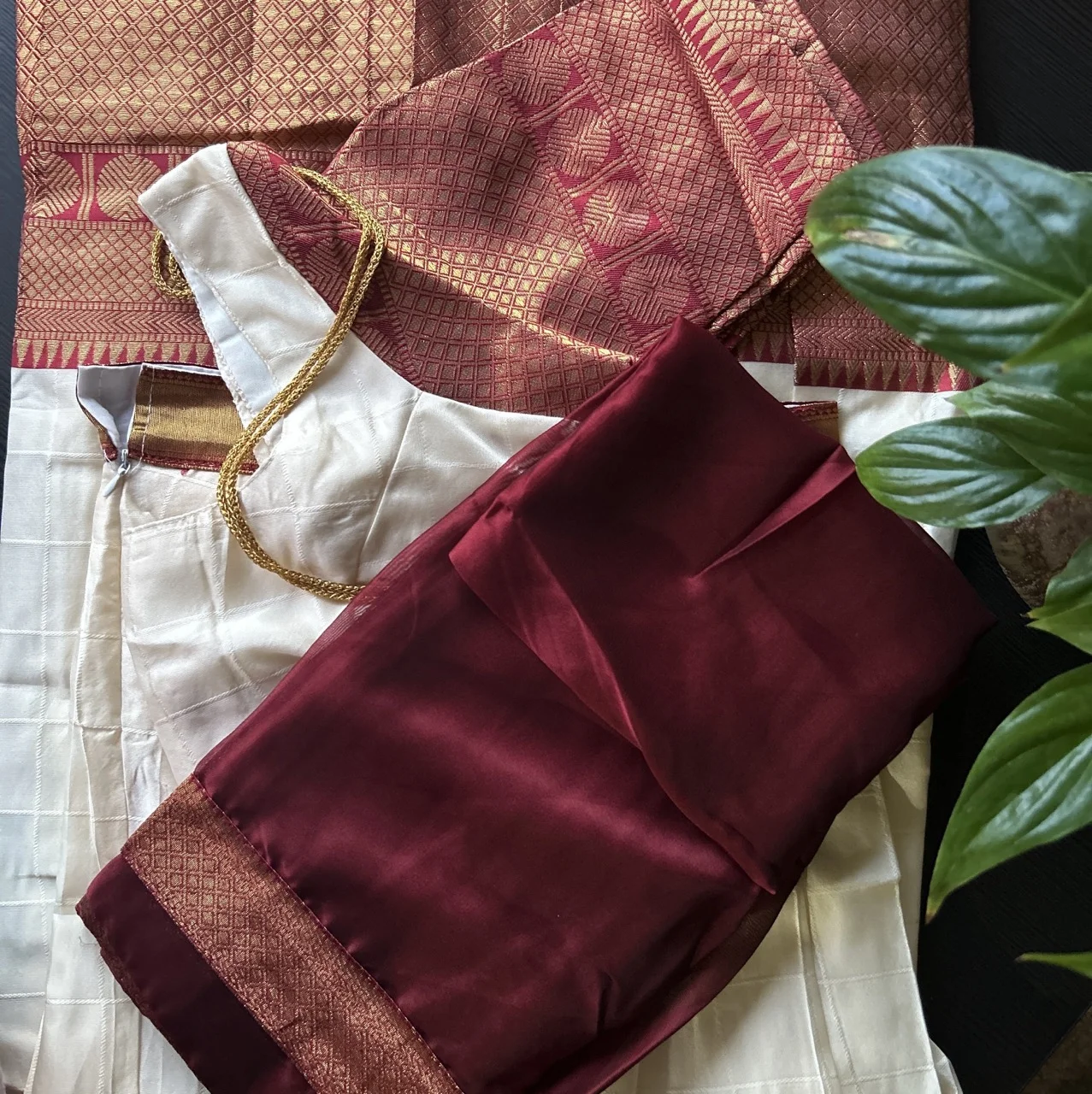  White Skirt with Brocade Border, Magenta Blouse, and Fuchsia Pink Brocade Shawl (Dhavani Set)