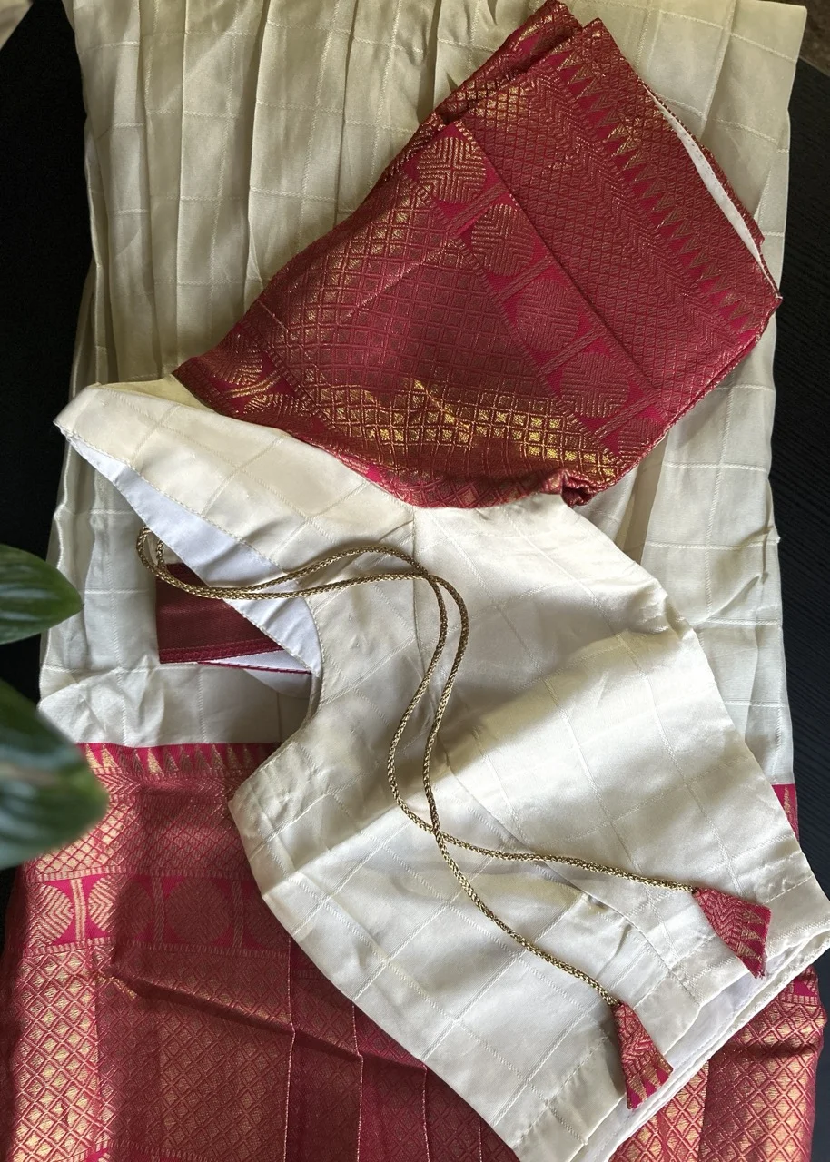  White Skirt with Brocade Border, Magenta Blouse, and Fuchsia Pink Brocade Shawl (Dhavani Set) - Image 2
