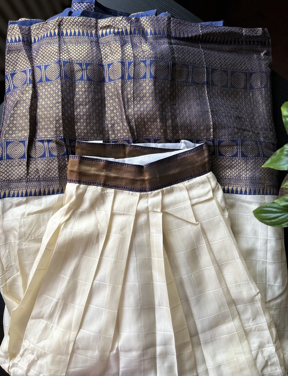  White Brocade Blouse, Navy Blue Dhavani with Gold Border, and White and Blue Striped Skirt (Dhavani Set) - Image 3