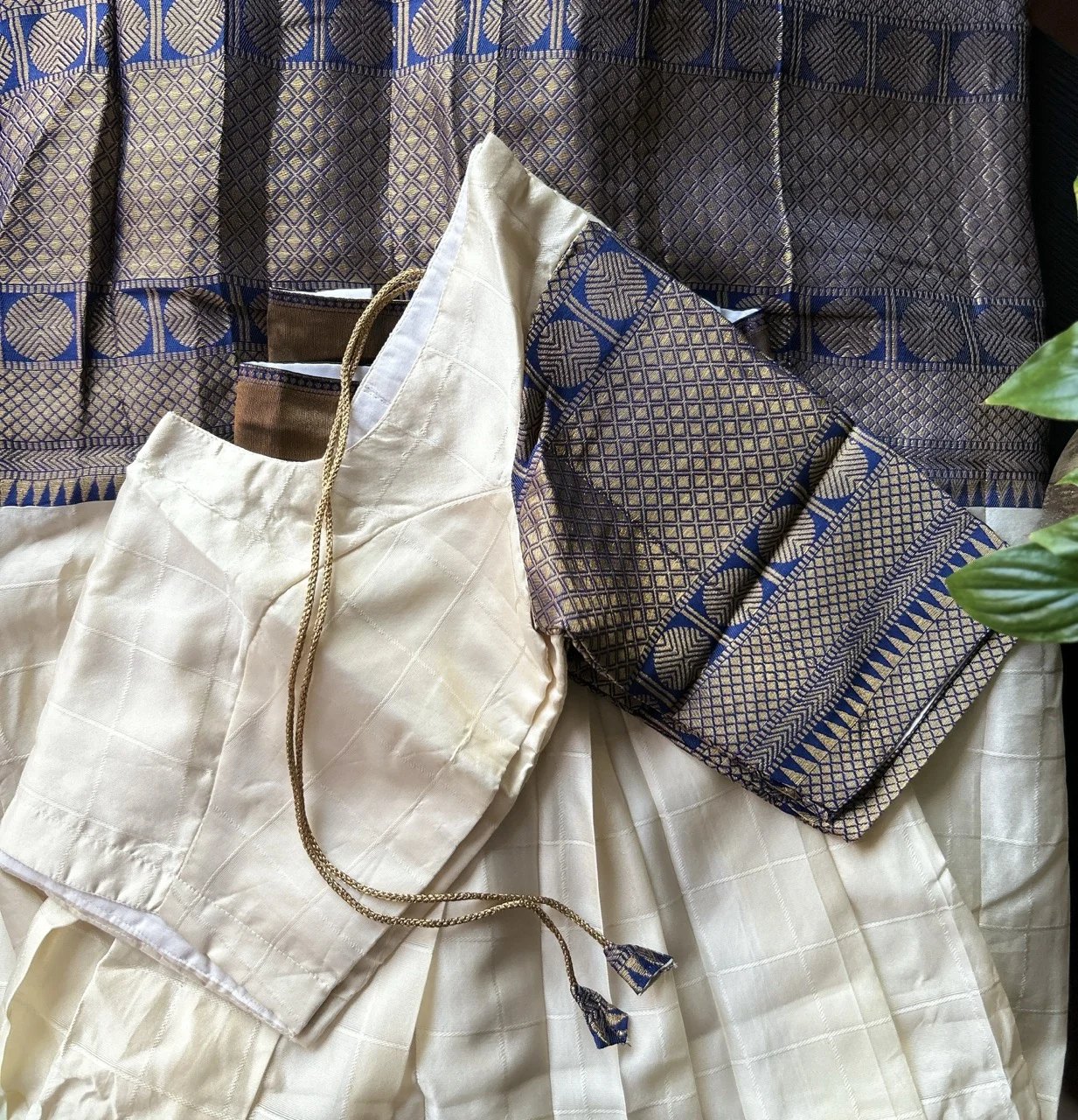  White Brocade Blouse, Navy Blue Dhavani with Gold Border, and White and Blue Striped Skirt (Dhavani Set) - Image 2