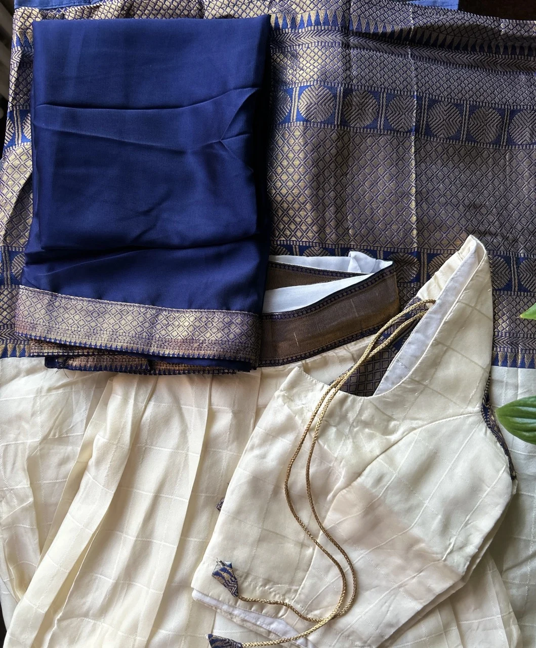  White Brocade Blouse, Navy Blue Dhavani with Gold Border, and White and Blue Striped Skirt (Dhavani Set)