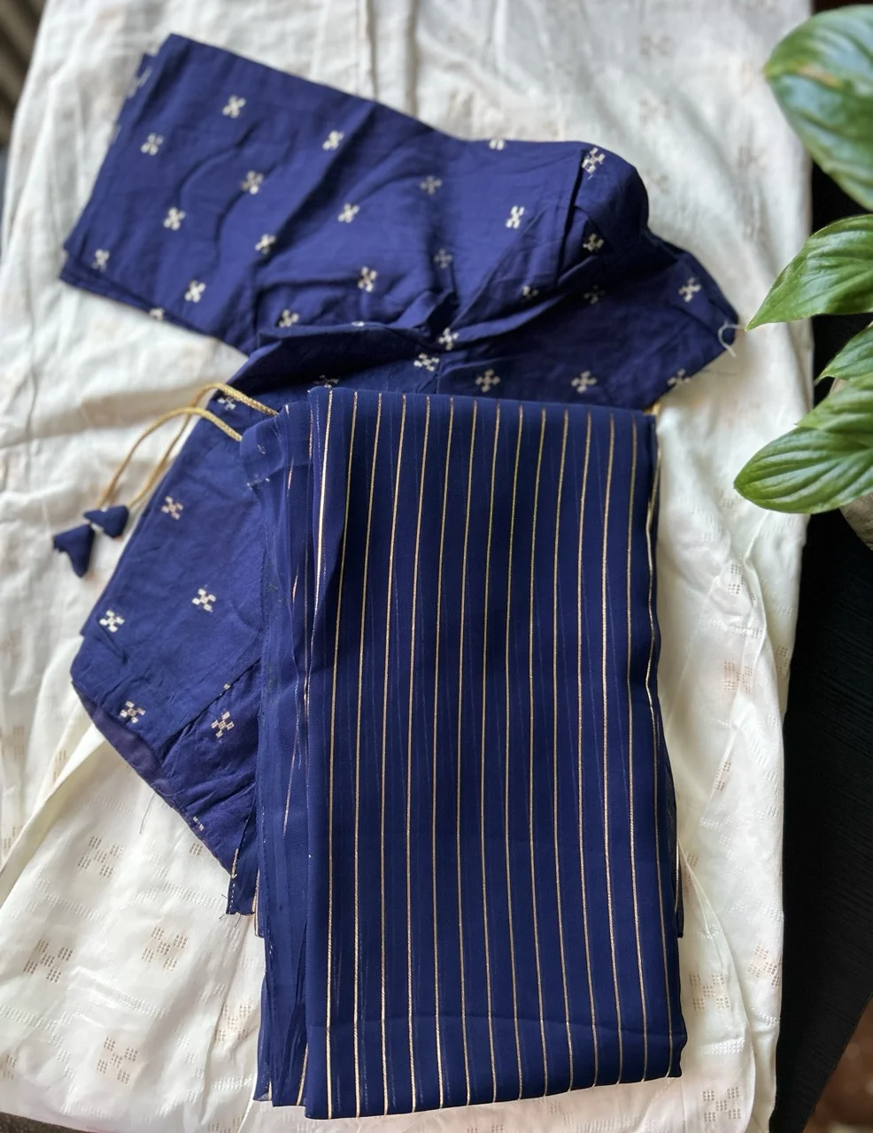 Navy Blue and Gold Brocade Shawl, Navy Blue Blouse with White Motifs, and White Skirt with Gold Motifs (Dhavani Set) - Image 2