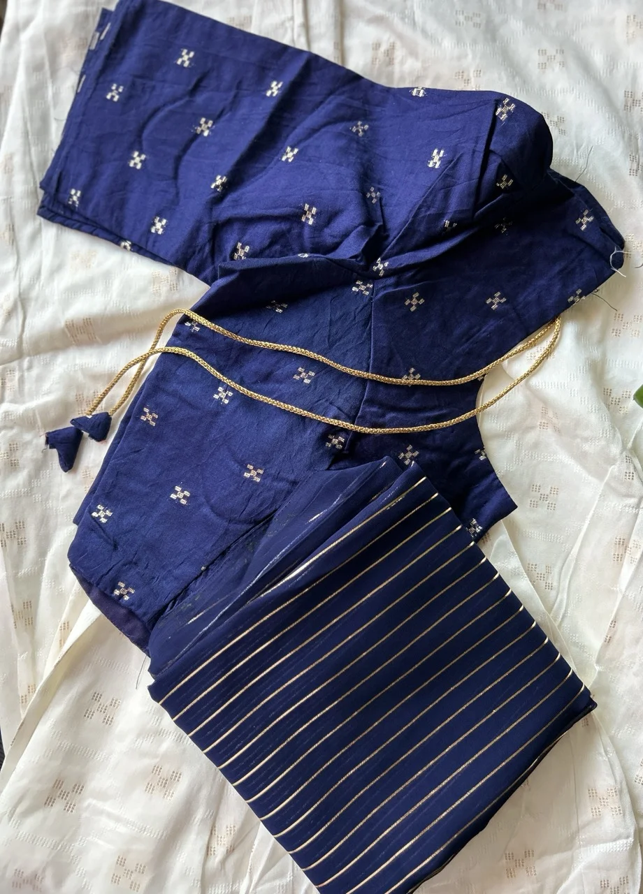 Navy Blue and Gold Brocade Shawl, Navy Blue Blouse with White Motifs, and White Skirt with Gold Motifs (Dhavani Set)
