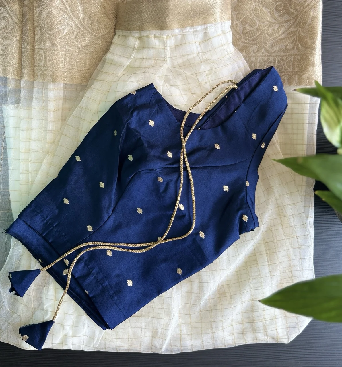 Navy Blue Blouse with Gold Motifs and White and Gold Checked Skirt