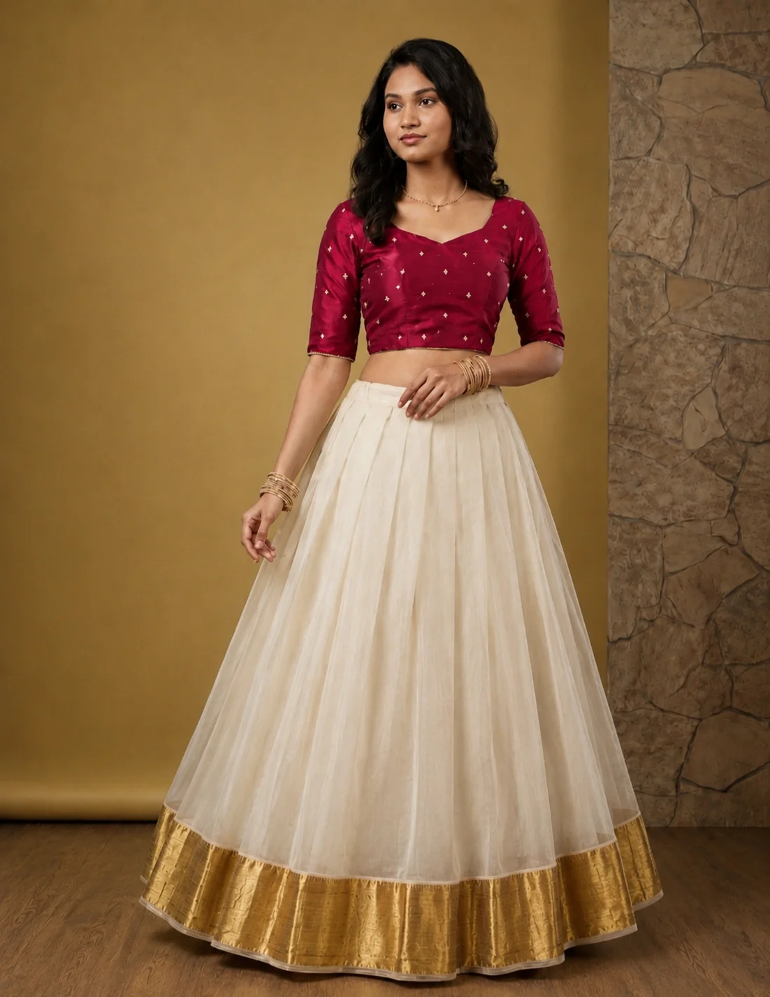 Wine Red and Gold Blouse with White Checked Skirt (Dhavani)