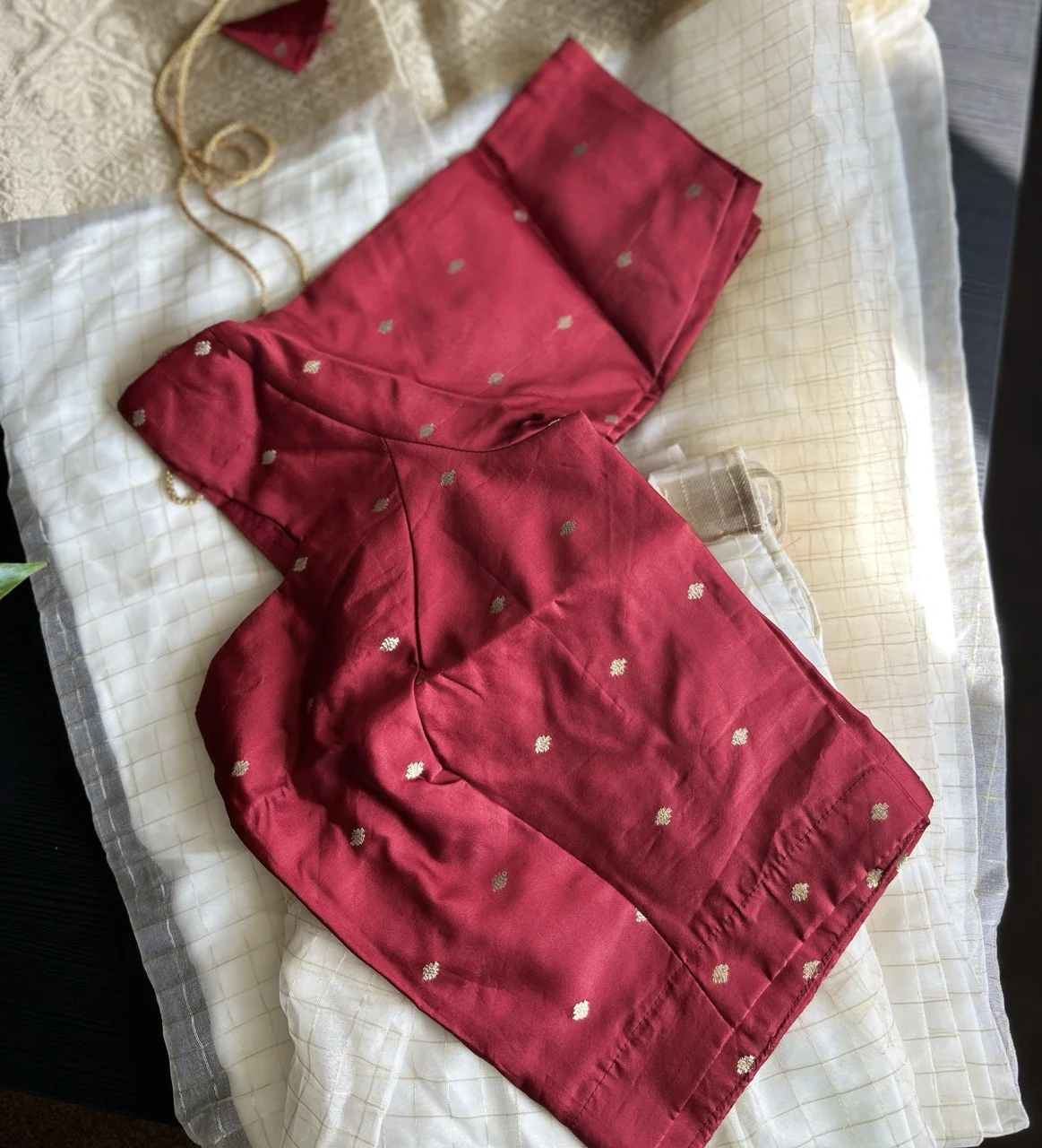 Wine Red and Gold Blouse with White Checked Skirt (Dhavani)