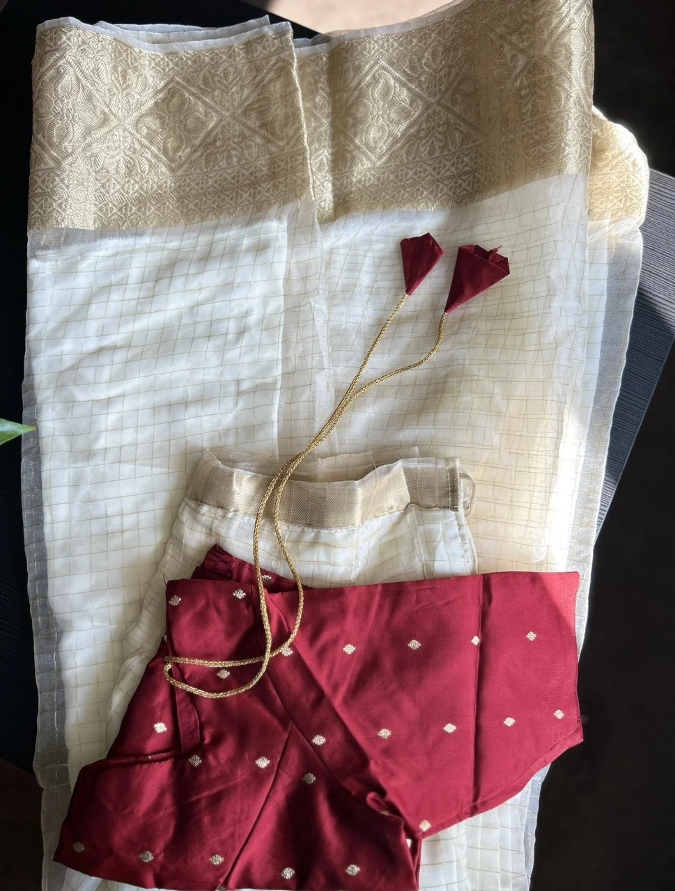 Wine Red and Gold Blouse with White Checked Skirt (Dhavani) - Image 3