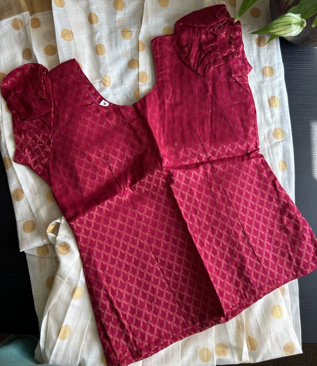 Kids' Fuchsia Pink Brocade Top with White and Gold Polka Dot Skirt