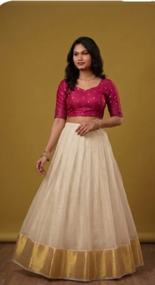 Hot Pink Blouse with Gold Motifs and White Checked Skirt (Dhavani Set)