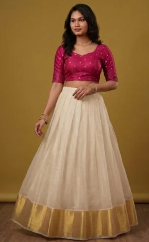 Hot Pink Blouse with Gold Motifs and White Checked Skirt (Dhavani Set)