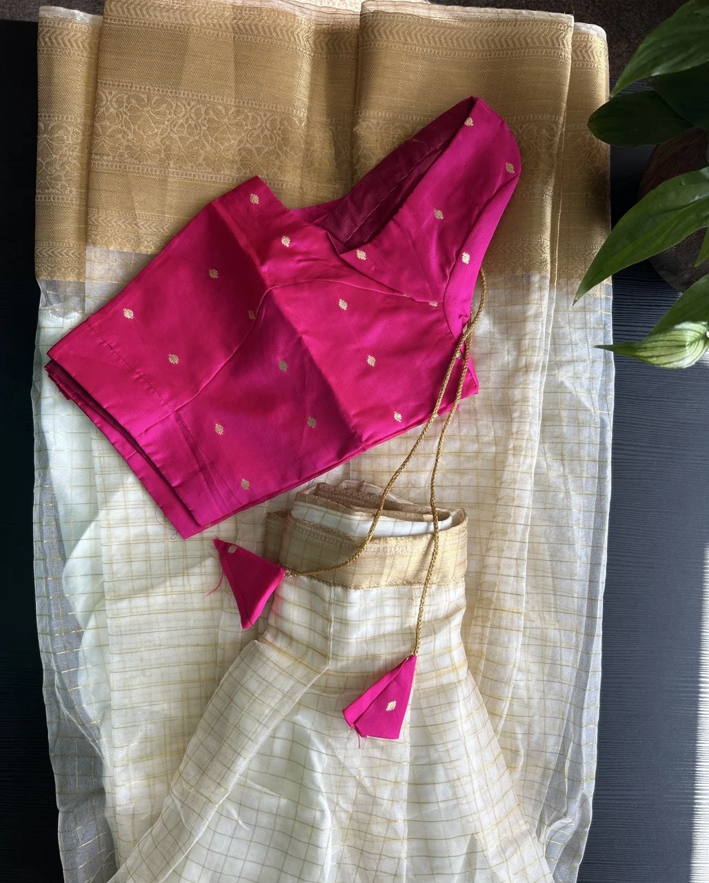 Hot Pink Blouse with Gold Motifs and White Checked Skirt (Dhavani Set)