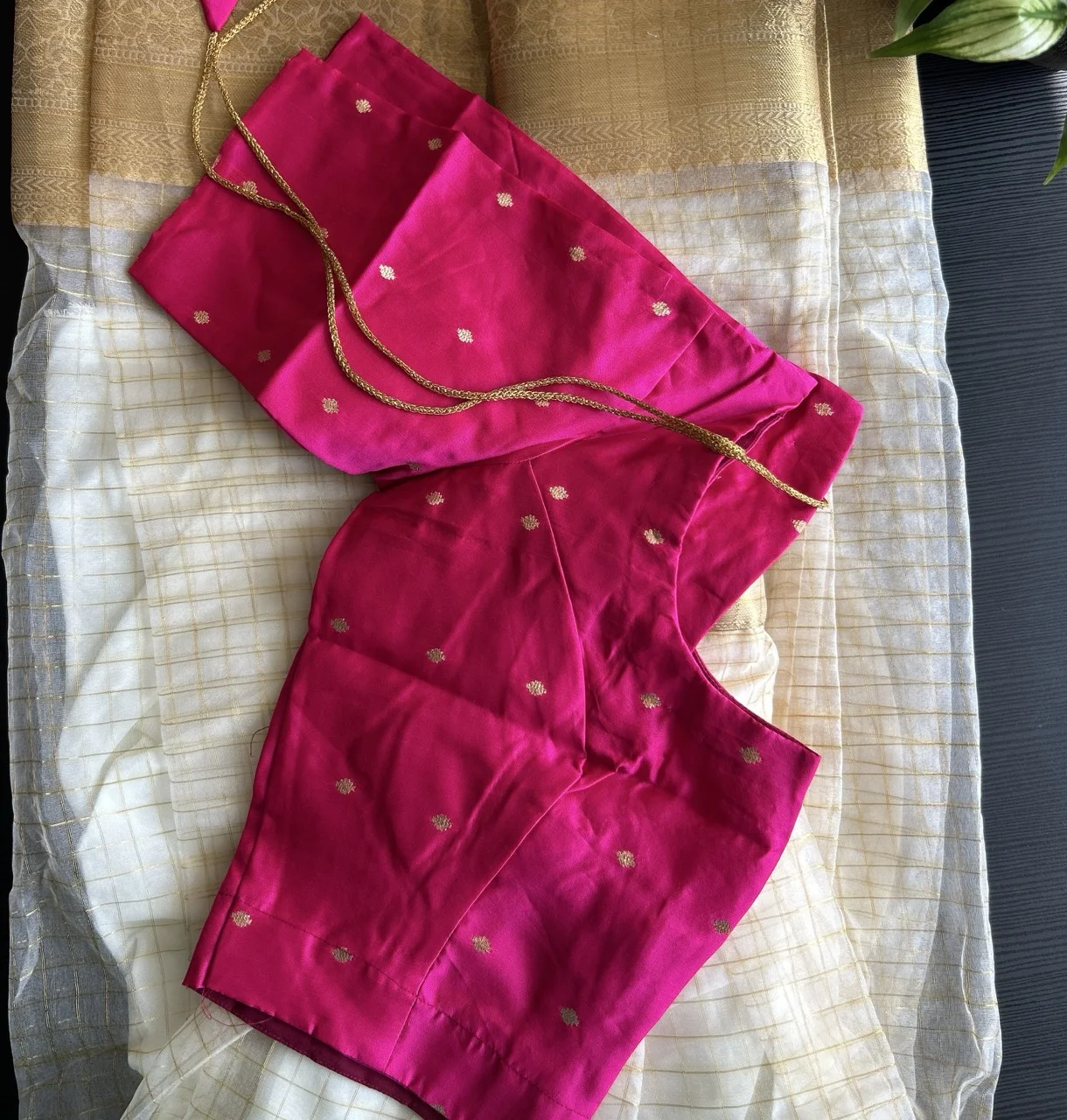 Hot Pink Blouse with Gold Motifs and White Checked Skirt (Dhavani Set) - Image 3