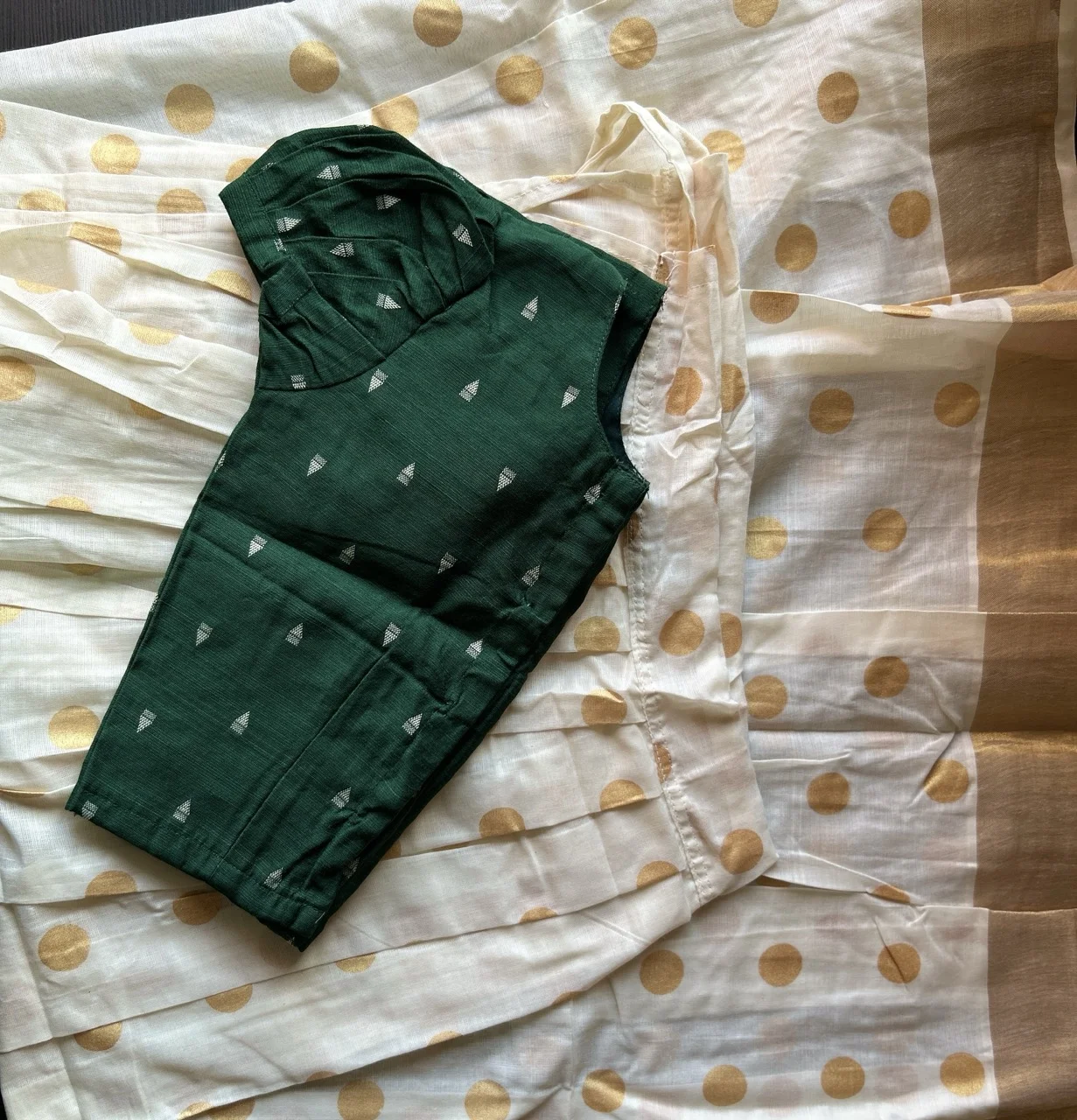Kids Green Blouse with White Triangular Motifs and White and Gold Polka Dot Skirt - Image 2
