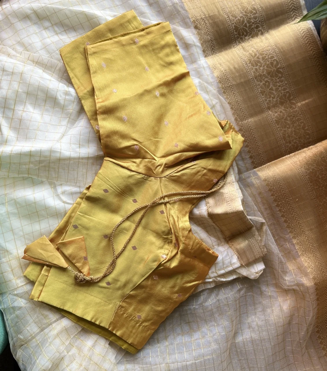 Golden Yellow Blouse with White Motifs and White and Gold Brocade Dhavani Set