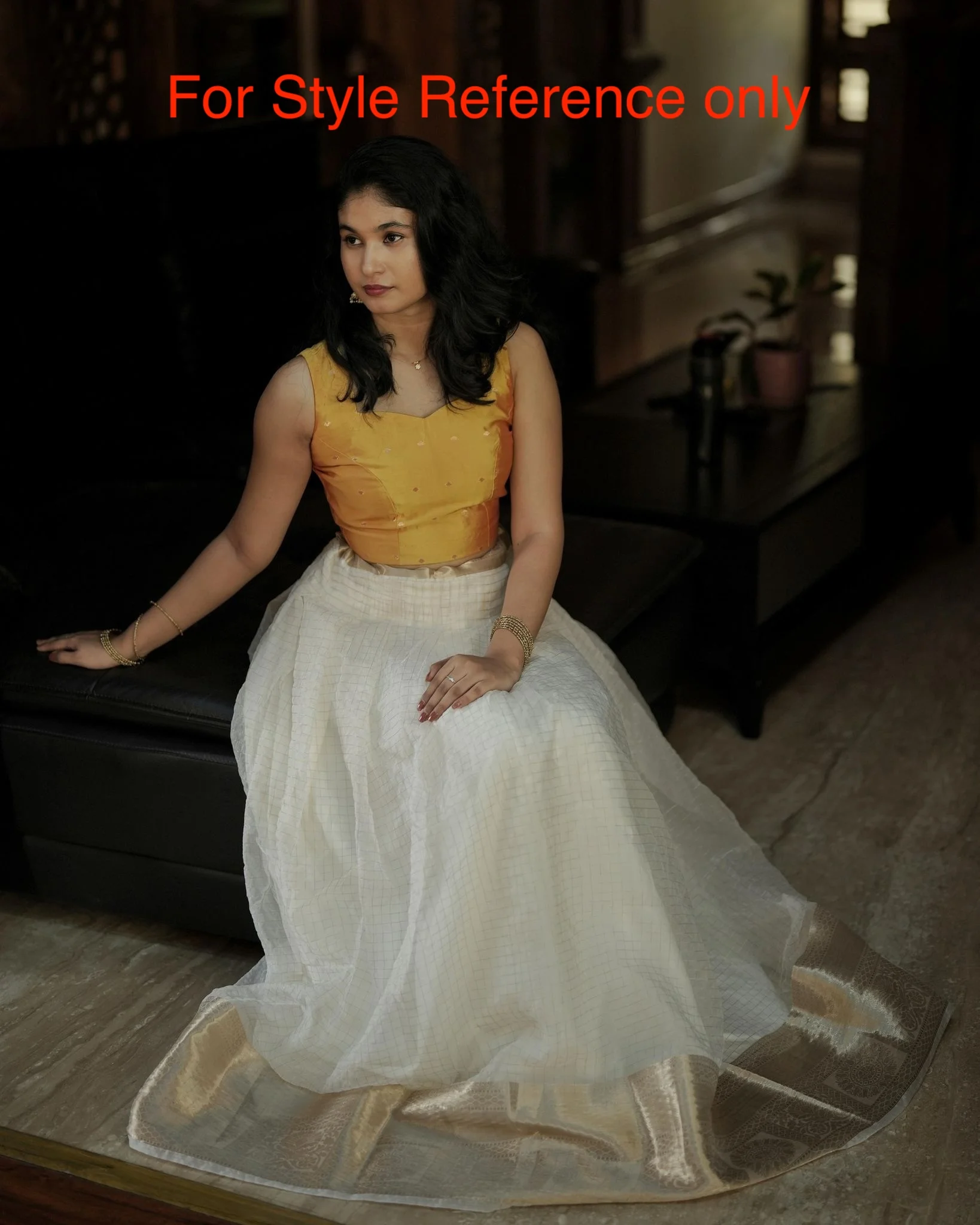 Golden Yellow Blouse with White Motifs and White and Gold Brocade Dhavani Set - Image 2