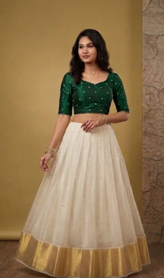 Dark Green and Gold Blouse with White Checked Dhavani Set