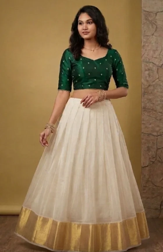 Dark Green and Gold Blouse with White Checked Dhavani Set