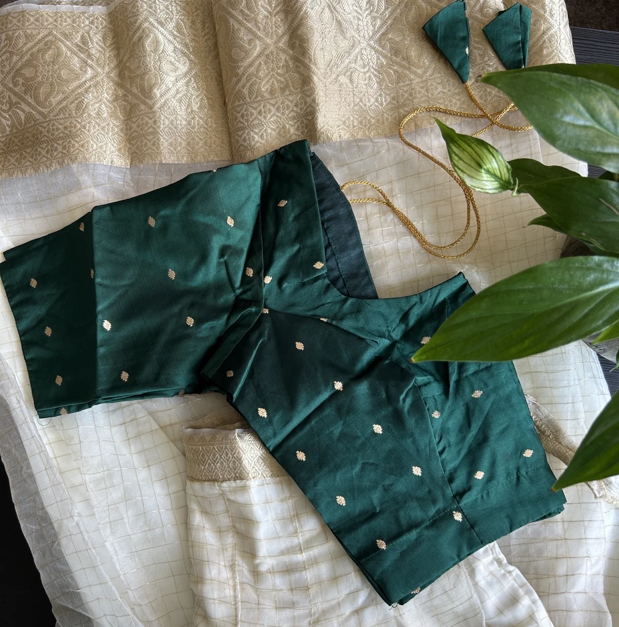Dark Green and Gold Blouse with White Checked Dhavani Set