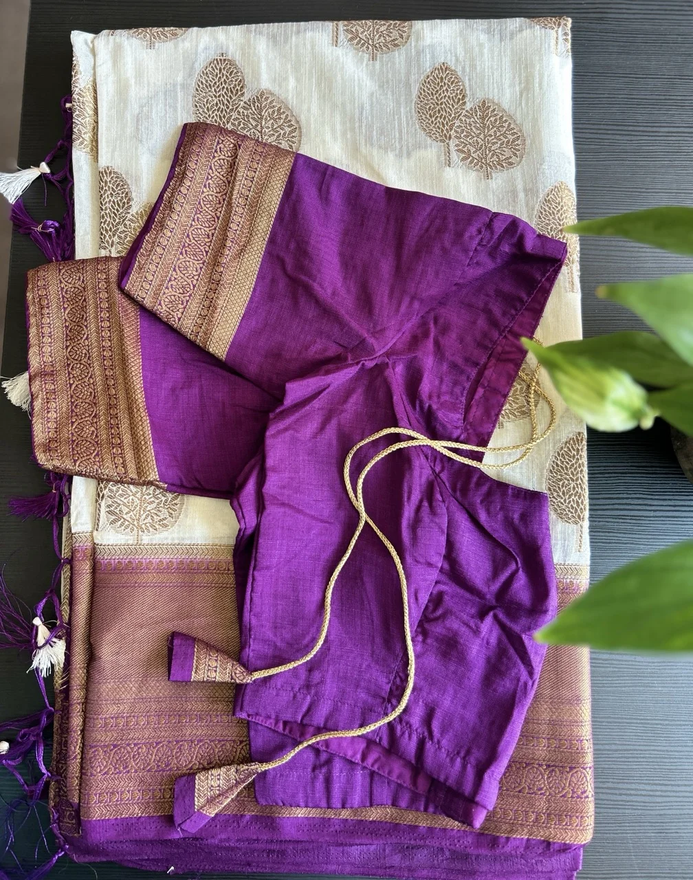  Purple Blouse and White Saree with Tree Motifs and a Brown and Gold Brocade Border - Image 3