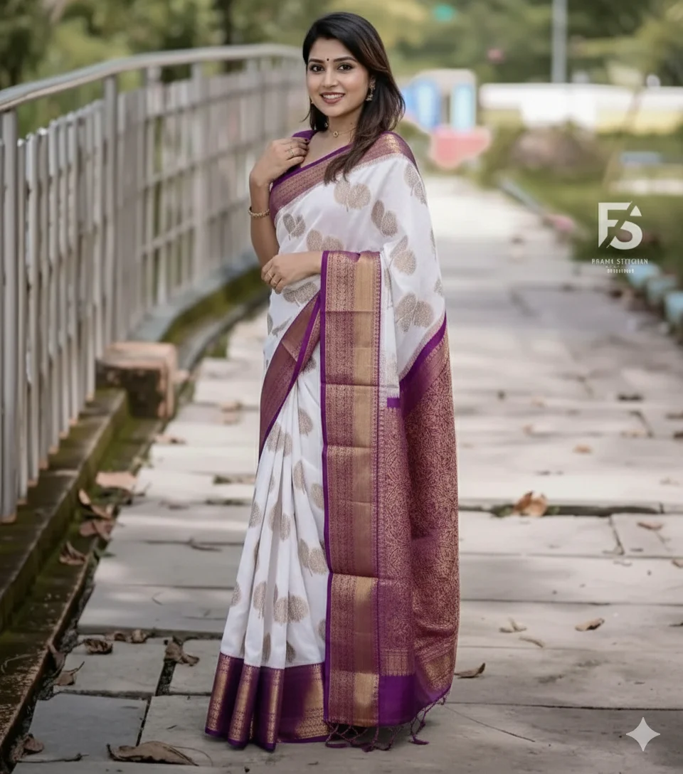  Purple and White Saree with Tree Motifs and a Brown and Gold Brocade Border (with blouse)