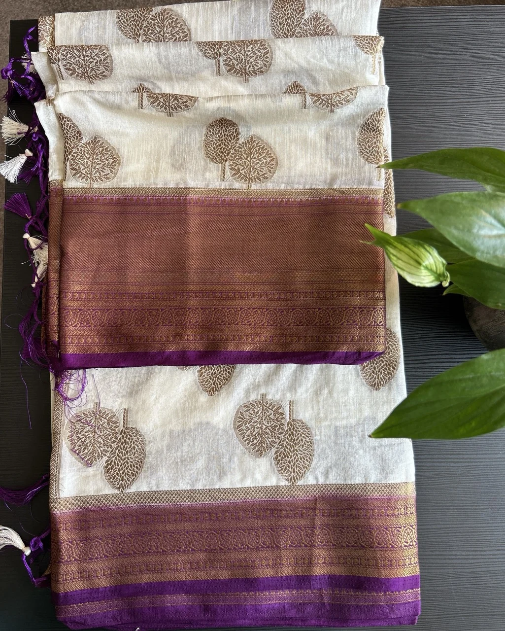  Purple Blouse and White Saree with Tree Motifs and a Brown and Gold Brocade Border - Image 4