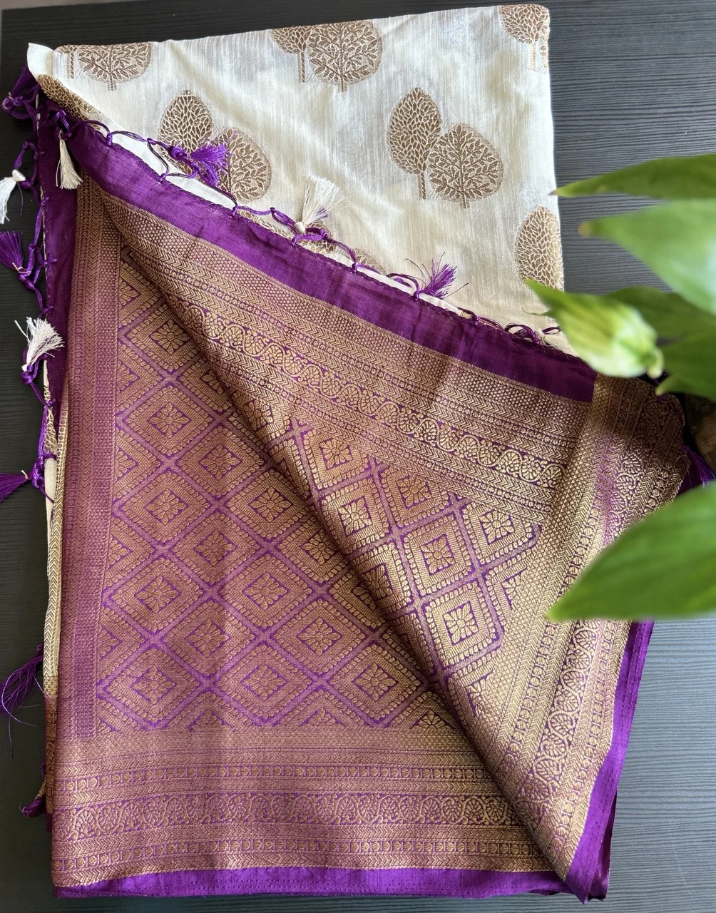  Purple Blouse and White Saree with Tree Motifs and a Brown and Gold Brocade Border