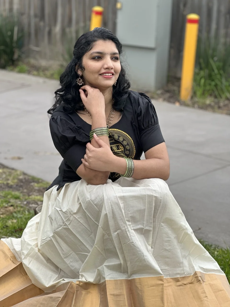 Black Top with Gold Circular Print and White Dhavani Skirt with a Gold Border - Image 4