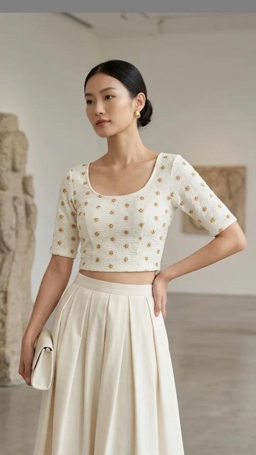 White Textured Stretchable Blouse with Gold Floral Motifs