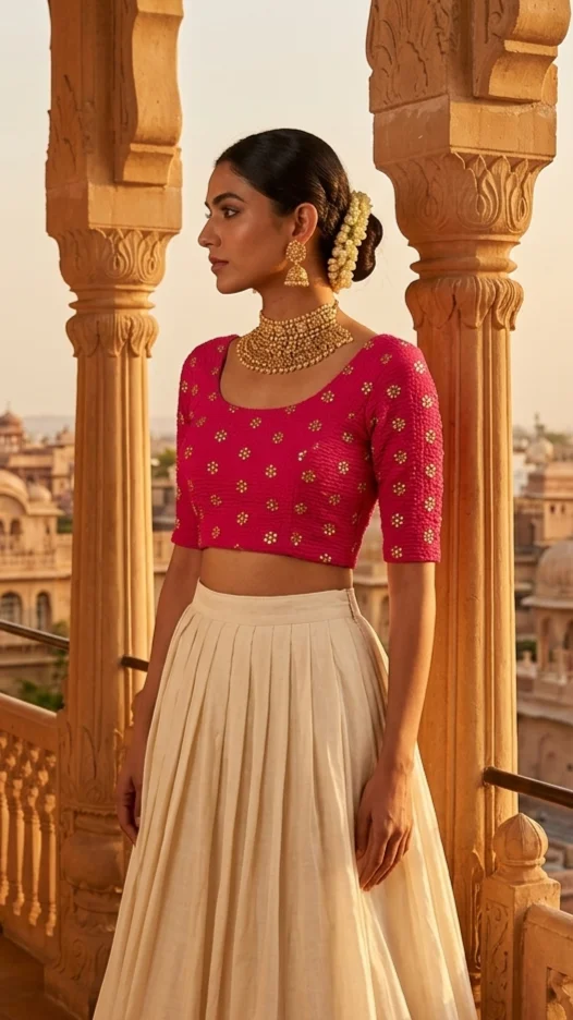 Hot Pink Textured Stretchable Blouse with Gold Floral Motifs