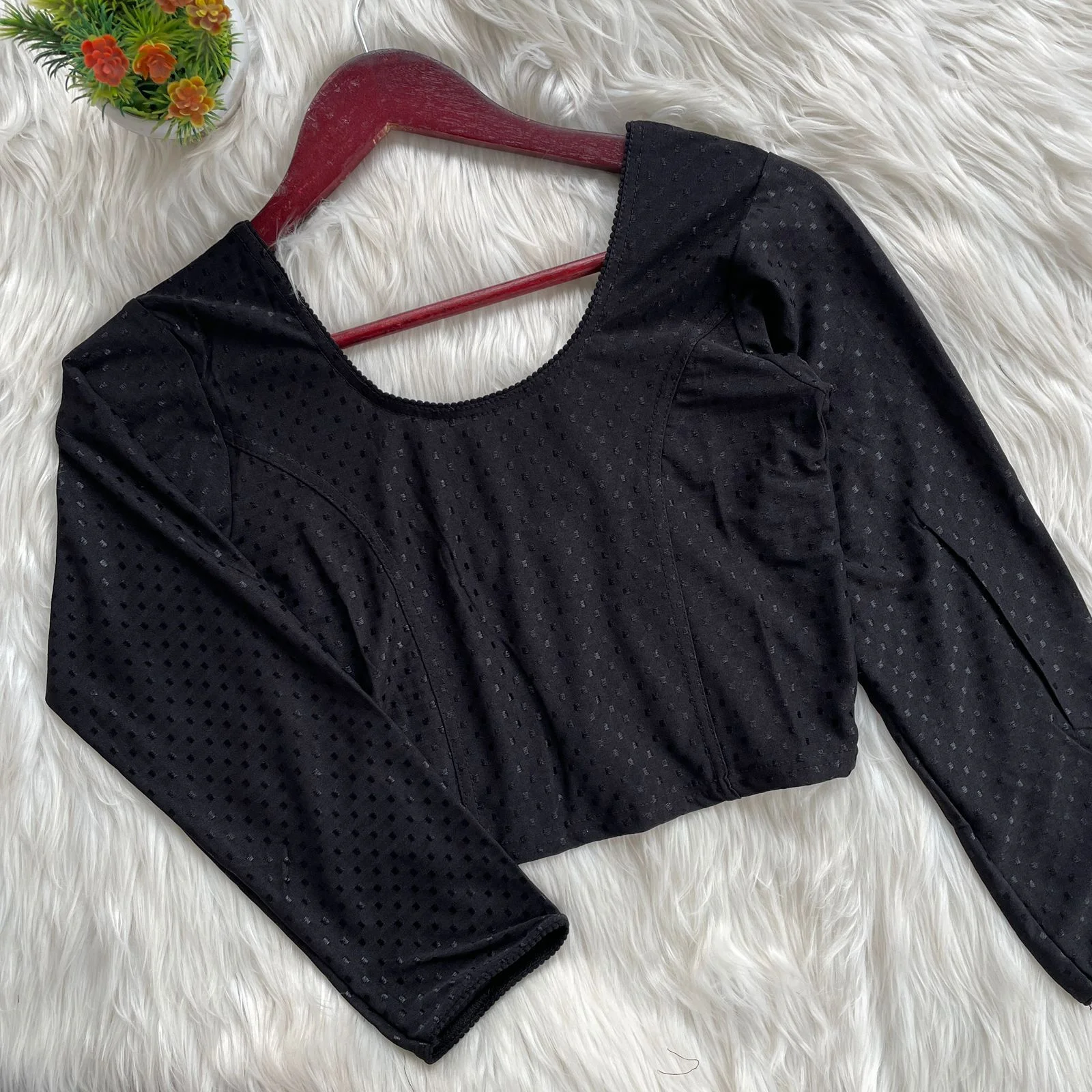  Black Textured Stretchable Blouse with Small Black Motifs