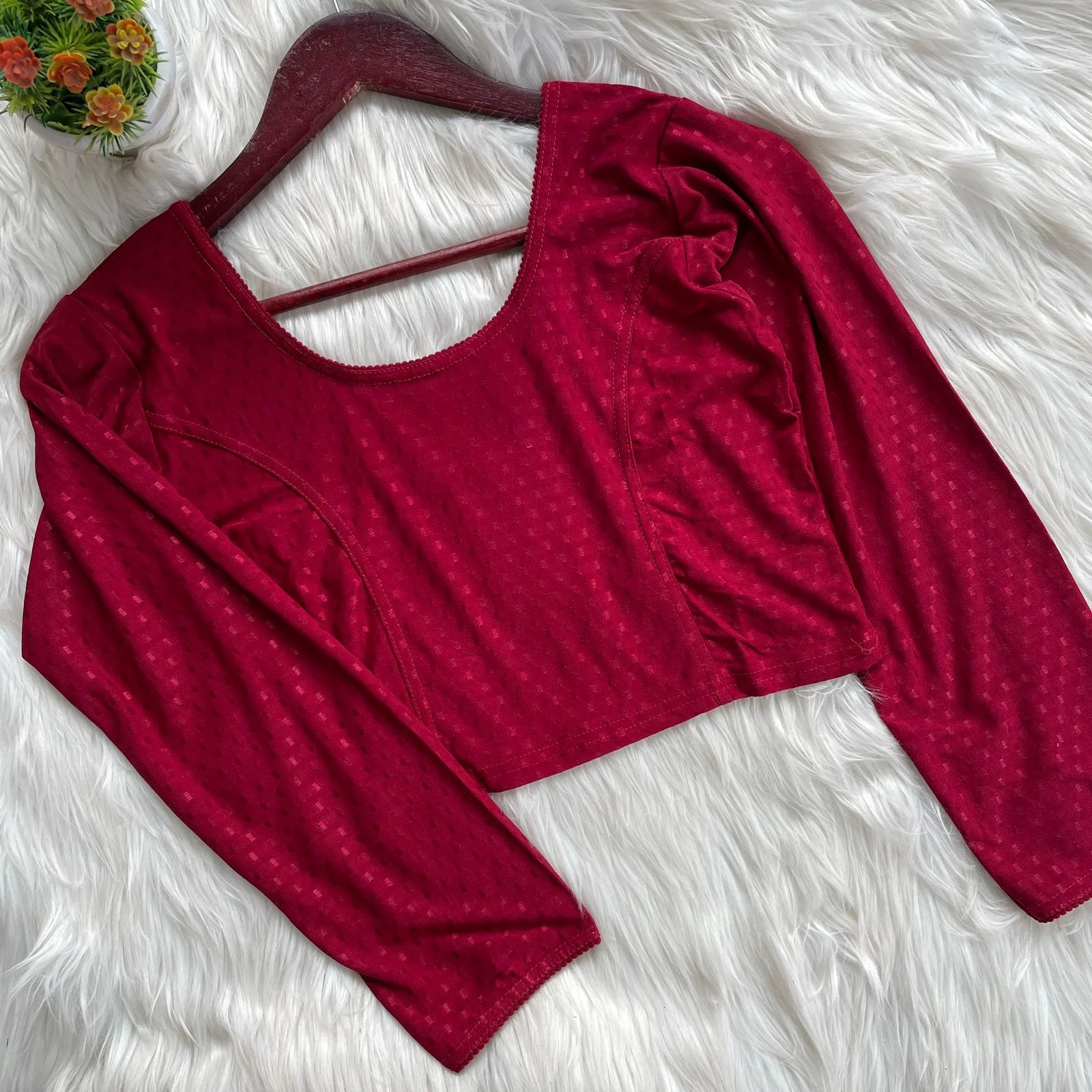  Red Textured Stretchable Blouse with Small Red Motifs