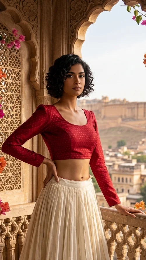  Red Textured Stretchable Blouse with Small Red Motifs