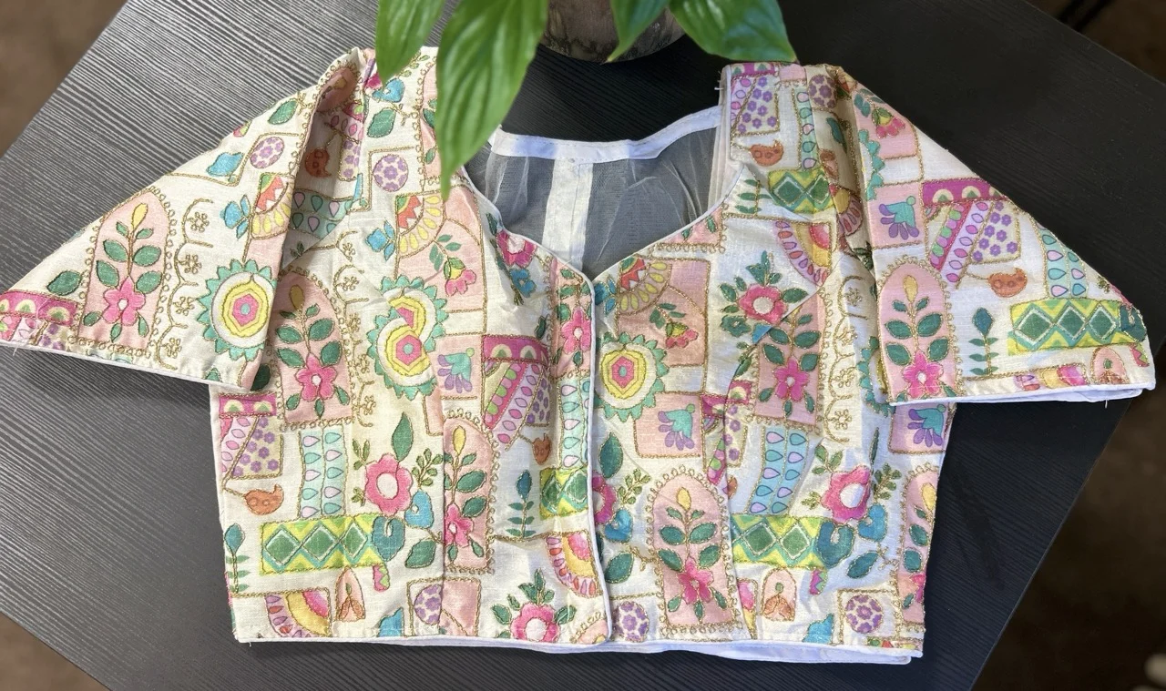 Colorful Printed Brocade Blouse with Floral and Abstract Patterns - Image 2