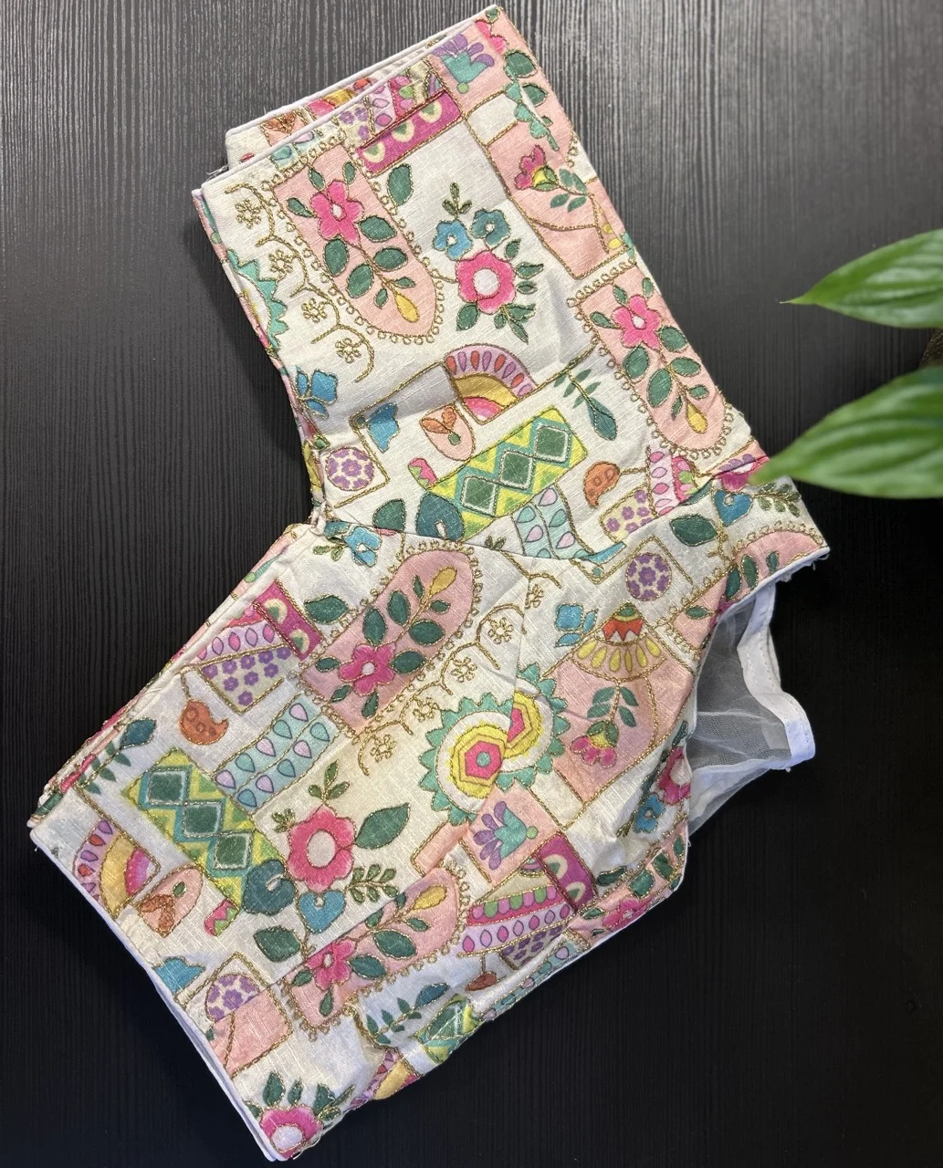 Colorful Printed Brocade Blouse with Floral and Abstract Patterns