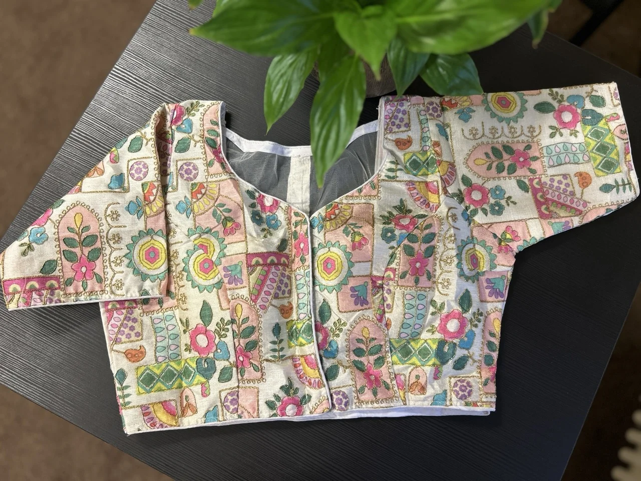 Colorful Printed Brocade Blouse with Floral and Abstract Patterns - Image 4