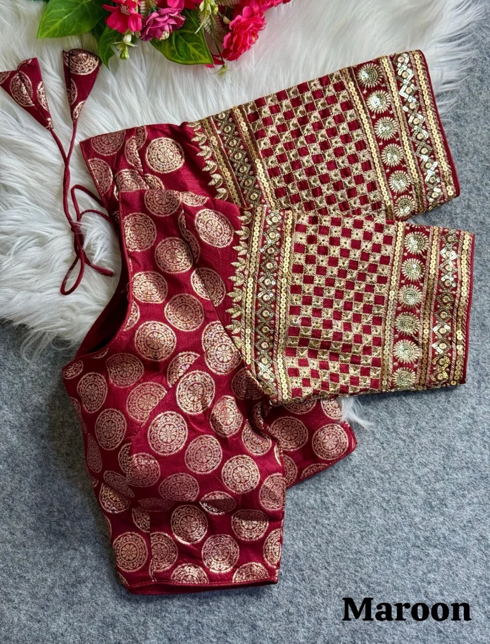  Maroon Brocade Blouse with Gold Medallion and Floral Motifs