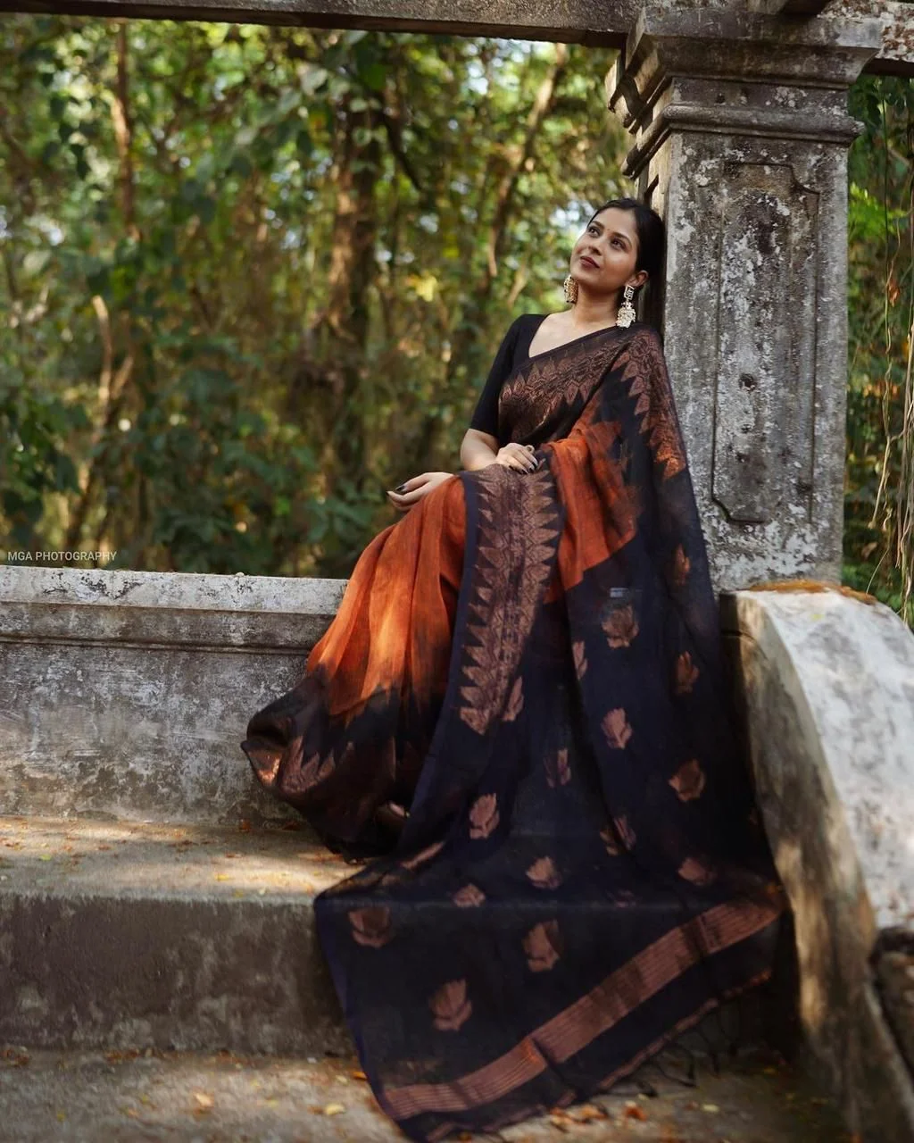 Black and copper-toned saree with floral and geometric motifs - Image 2
