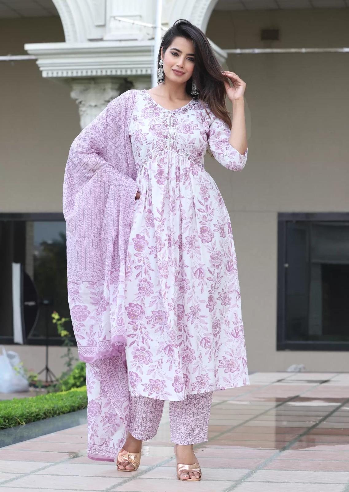 Lavender Floral Print Anarkali Salwar Suit