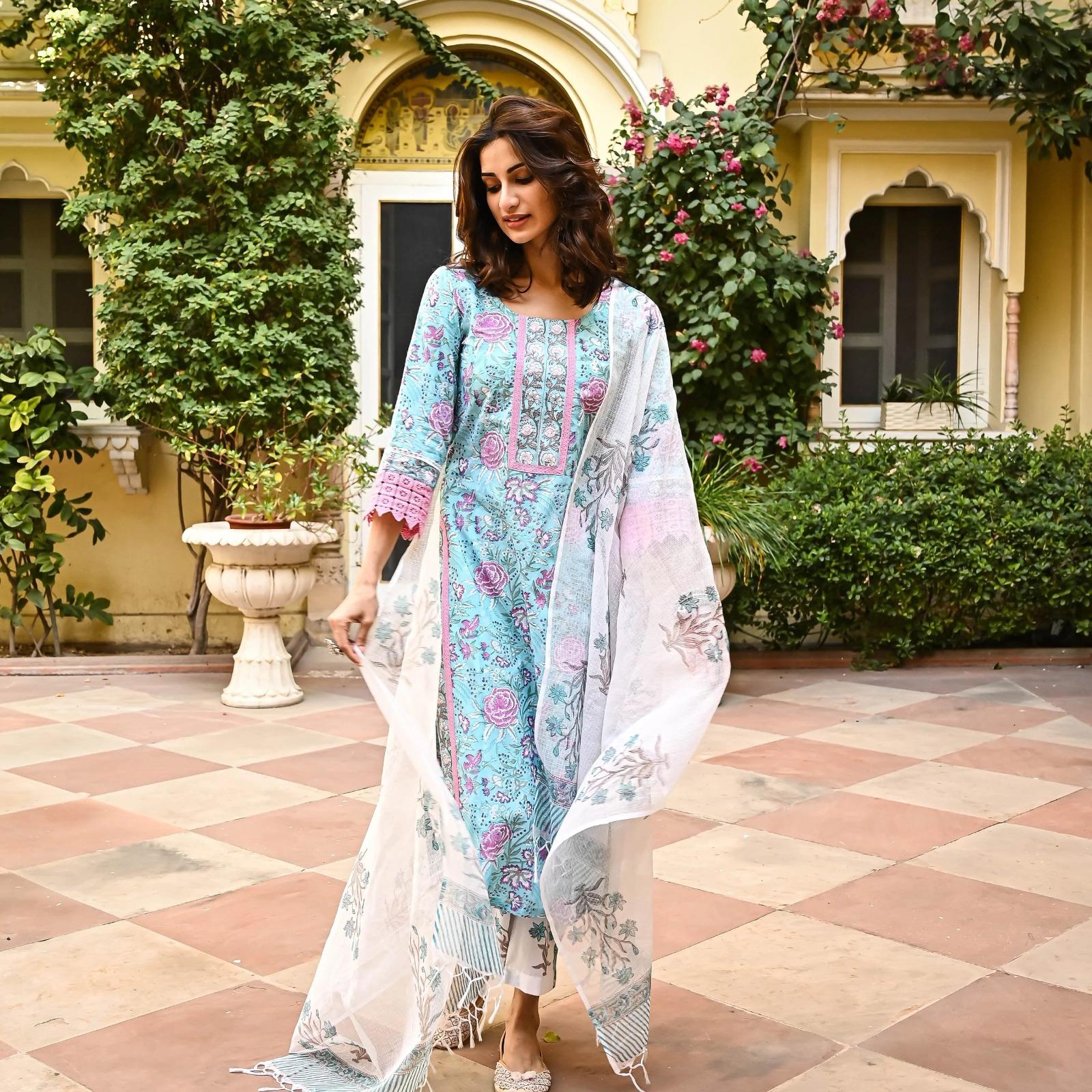 Light Blue Floral Print Cotton Salwar Suit