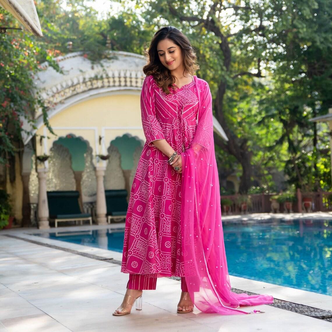 Hot Pink Bandhani Print Anarkali Salwar Suit.
