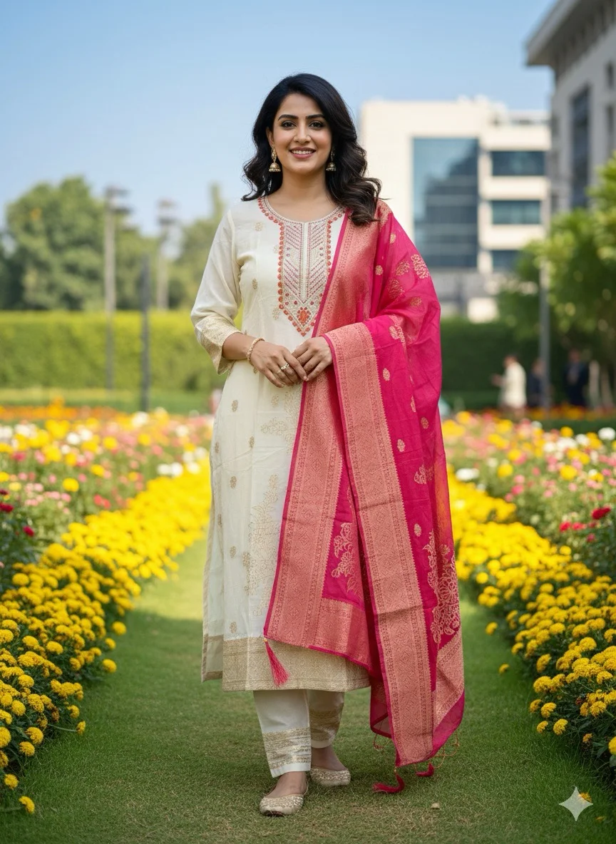  Ivory Kurta with Gold Floral Embroidery and Zari Border, paired with a Hot Pink and Gold Brocade Dupatta