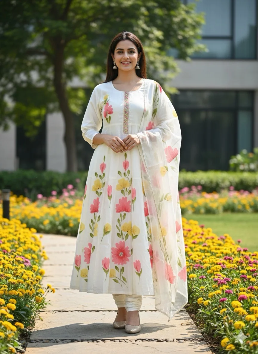 White Anarkali Suit with Hand-Painted Pink and Yellow Floral Motifs and a matching Sheer Floral Dupatta