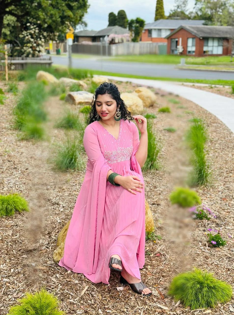 CLARA - Pink Anarkali Kurta with Silver and Green Embroidered Yoke - Image 2
