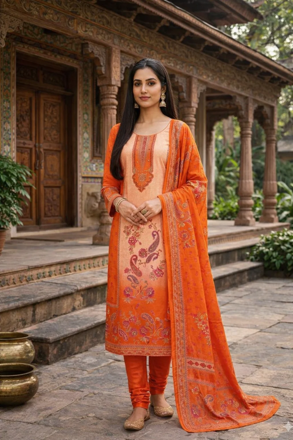  REKHA - Bright Orange and Peach Chinon Salwar Suit