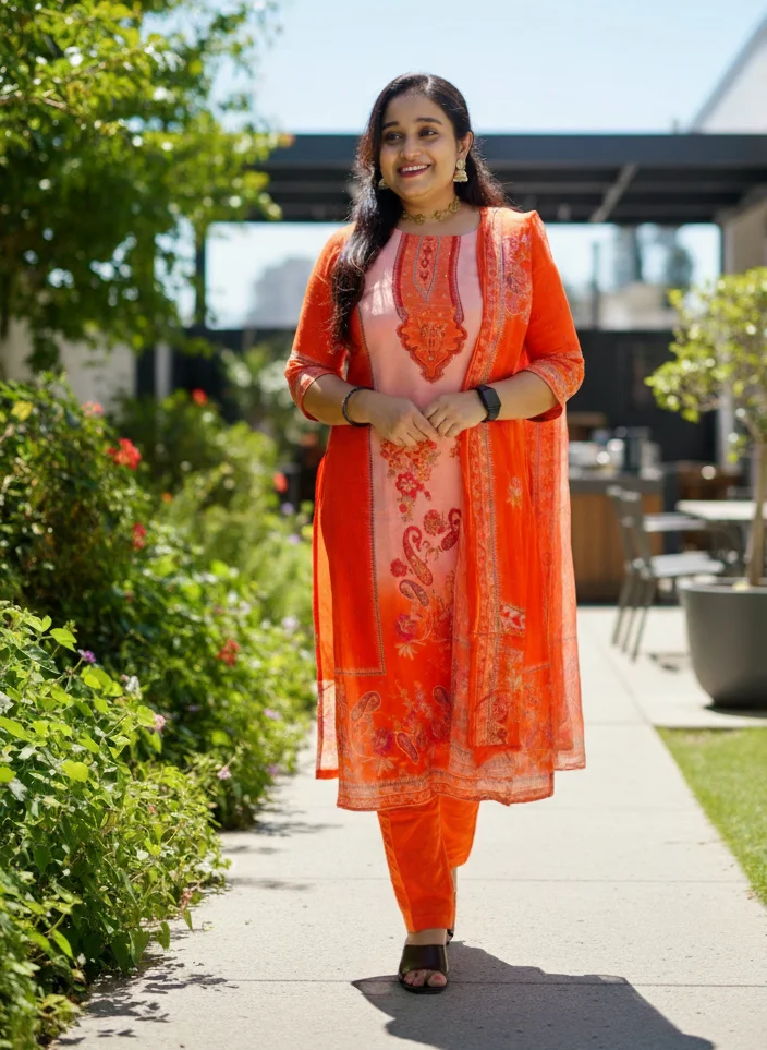  REKHA - Bright Orange and Peach Chinon Salwar Suit