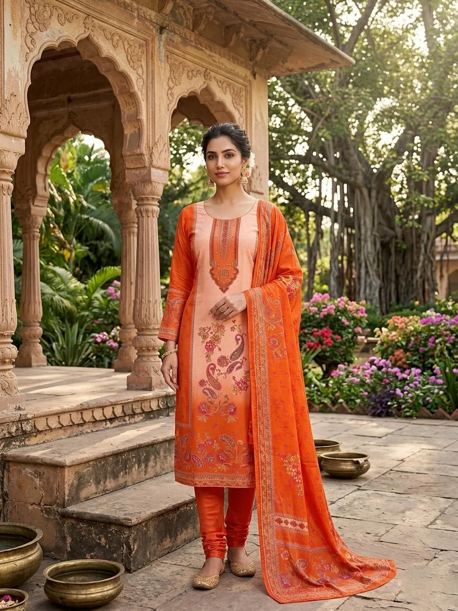  REKHA - Bright Orange and Peach Chinon Salwar Suit - Image 3