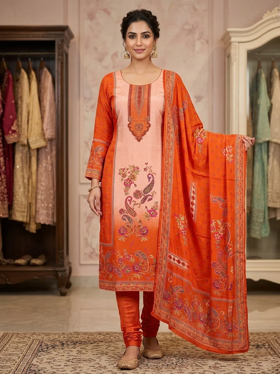 REKHA - Bright Orange and Peach Chinon Salwar Suit - Image 4