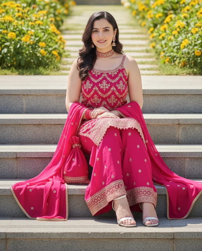 Rani Pink Sharara Suit with all-over Gold Zari Embroidery